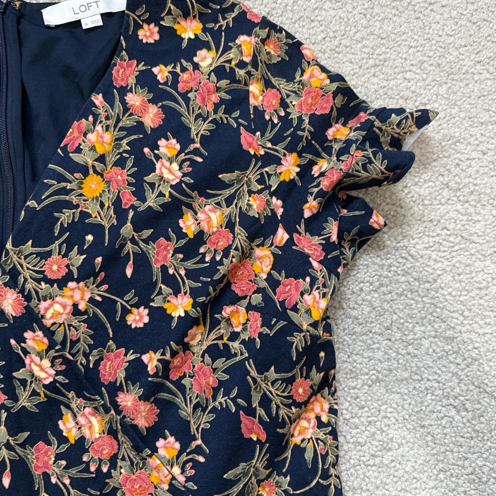 LOFT Navy Dress with Orange Floral Pattern - Picture 3 of 5